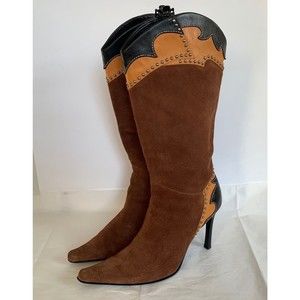 Glory Chen Tall Boots Brown Suede/Leather Black Studded Heels Women's - Size 9.5